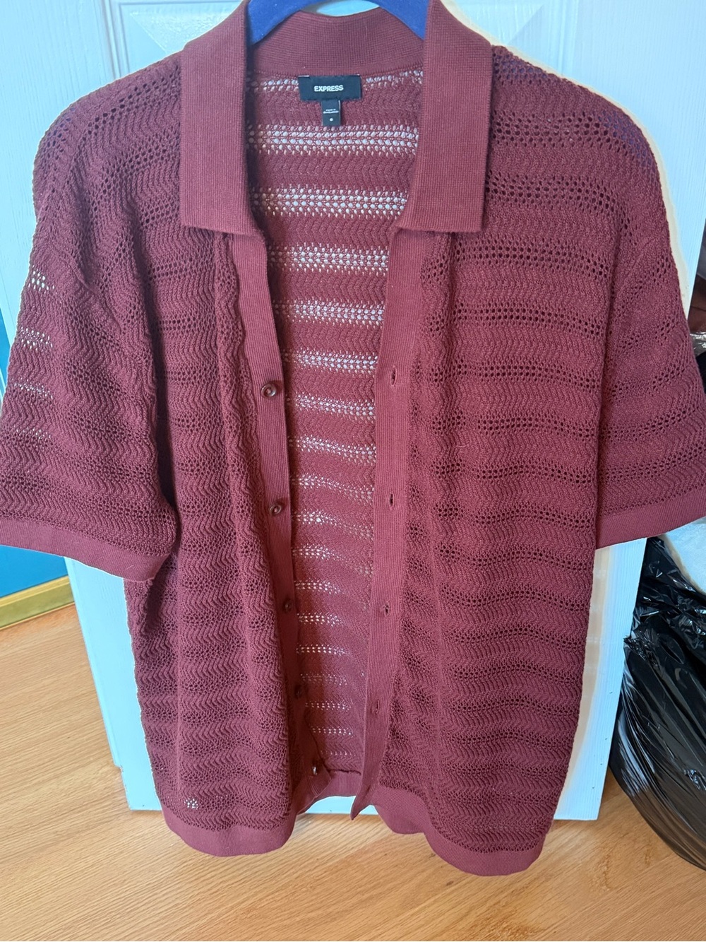 Express Open-Knit Short Sleeve Cardigan in Wine